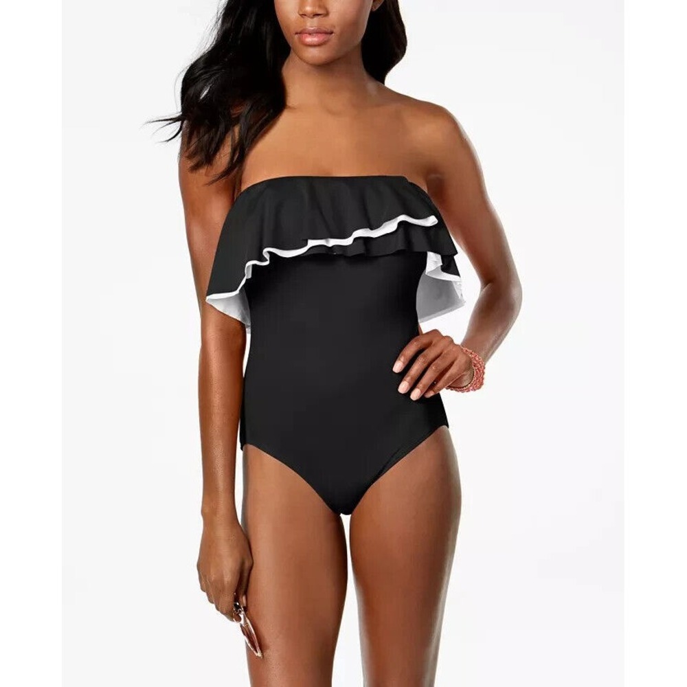 COCO REEF Agate Ruffled Off Shoulder Slimming One Piece Black‎ 14 38D NEW - Picture 1 of 4